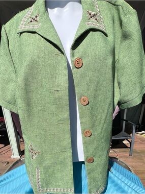 Sag Harbor Green Short-Sleeve Button Jacket with Embroidered Trim